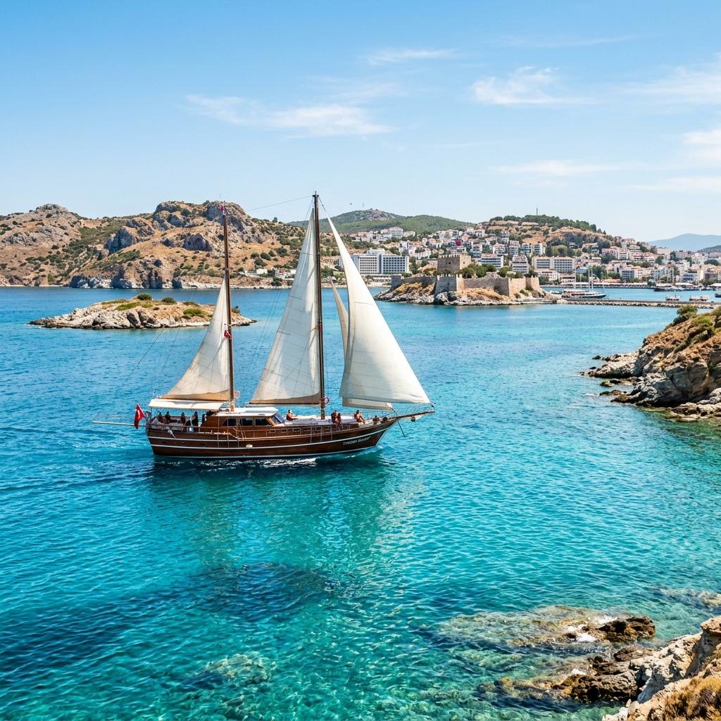 Kuşadası sahili ve turkuaz deniz manzarası