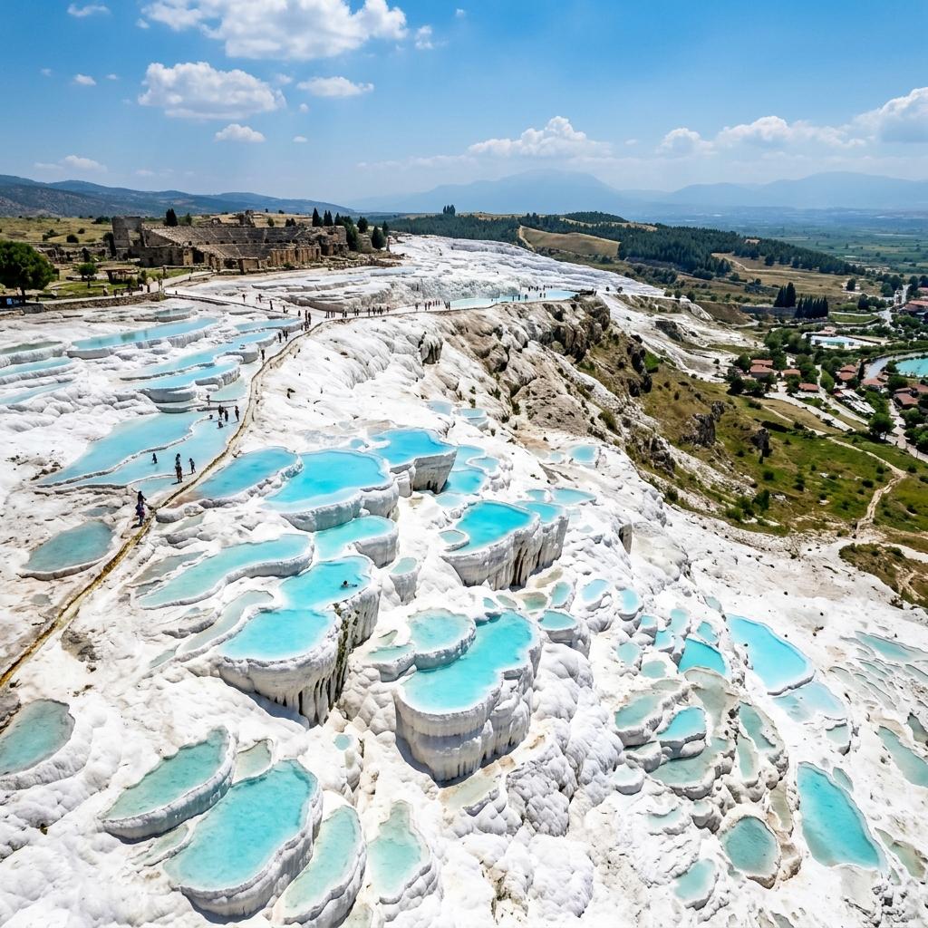 Pamukkale beyaz travertenleri ve termal havuzlar